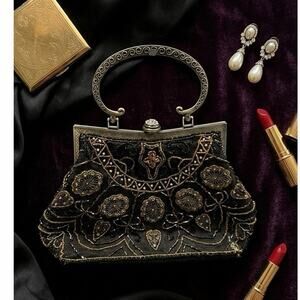 Vintage Beaded & Sequined Floral Evening Bag - Antique Gold Tone